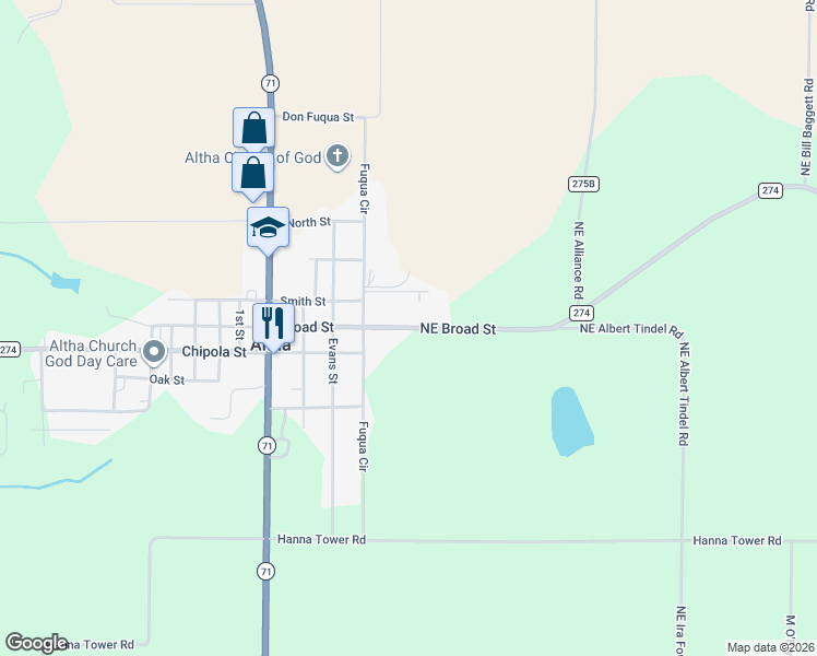 map of restaurants, bars, coffee shops, grocery stores, and more near County Road 274 in Altha