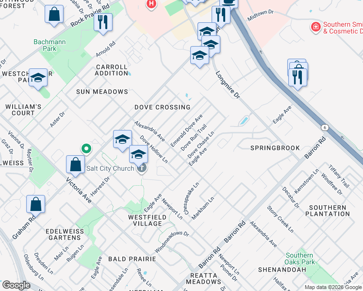 map of restaurants, bars, coffee shops, grocery stores, and more near 915 Dove Run Trail in College Station