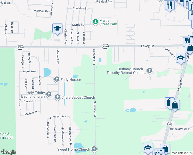 map of restaurants, bars, coffee shops, grocery stores, and more near 13557 Sunshine Road in Baton Rouge