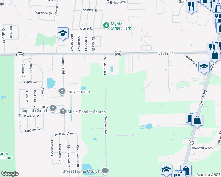 map of restaurants, bars, coffee shops, grocery stores, and more near 13557 Sunshine Road in Baton Rouge