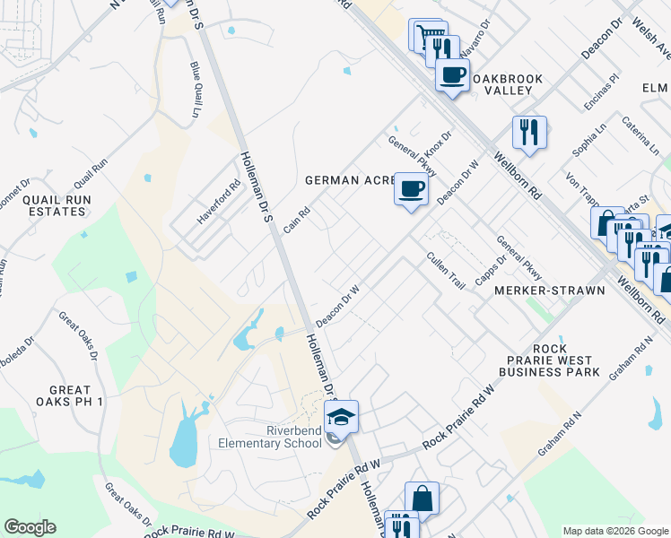 map of restaurants, bars, coffee shops, grocery stores, and more near 2916 Old Ironsides Drive in College Station