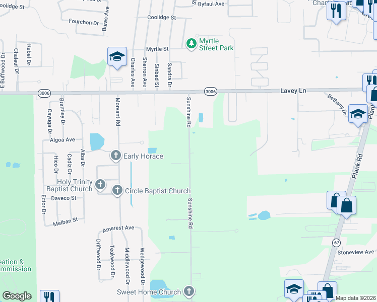 map of restaurants, bars, coffee shops, grocery stores, and more near 13557 Sunshine Road in Baton Rouge