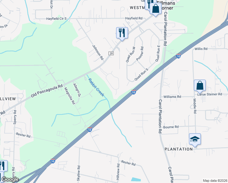 map of restaurants, bars, coffee shops, grocery stores, and more near 5743 Woodchase Circle West in Theodore