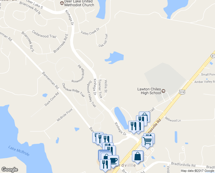 map of restaurants, bars, coffee shops, grocery stores, and more near 7335 Hollis Street in Tallahassee