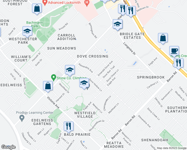 map of restaurants, bars, coffee shops, grocery stores, and more near 808 Dove Landing Avenue in College Station