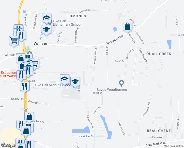map of restaurants, bars, coffee shops, grocery stores, and more near 34705 Gravesbriar Drive in Denham Springs