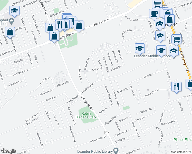 map of restaurants, bars, coffee shops, grocery stores, and more near 311 Katherine Way in Leander