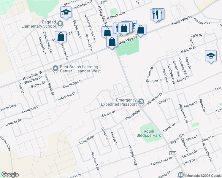 map of restaurants, bars, coffee shops, grocery stores, and more near 1401 Pinot Noir Street in Leander