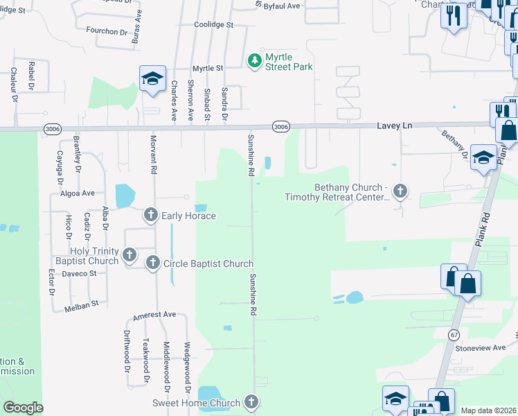map of restaurants, bars, coffee shops, grocery stores, and more near 13557 Sunshine Road in Baton Rouge