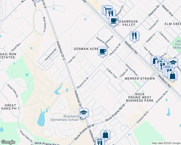 map of restaurants, bars, coffee shops, grocery stores, and more near 3007 Old Ironsides Drive in College Station