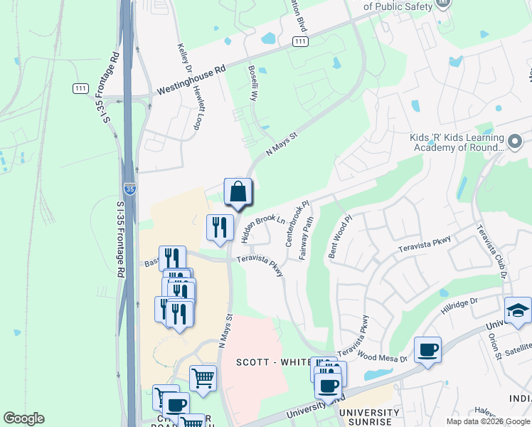 map of restaurants, bars, coffee shops, grocery stores, and more near 404 Hidden Brook Ln in Round Rock