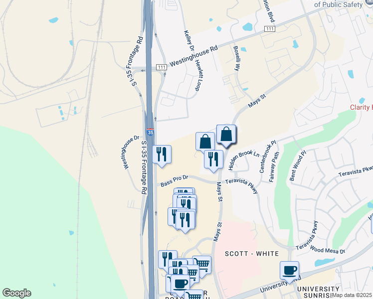 map of restaurants, bars, coffee shops, grocery stores, and more near 200 Bass Pro Drive in Round Rock