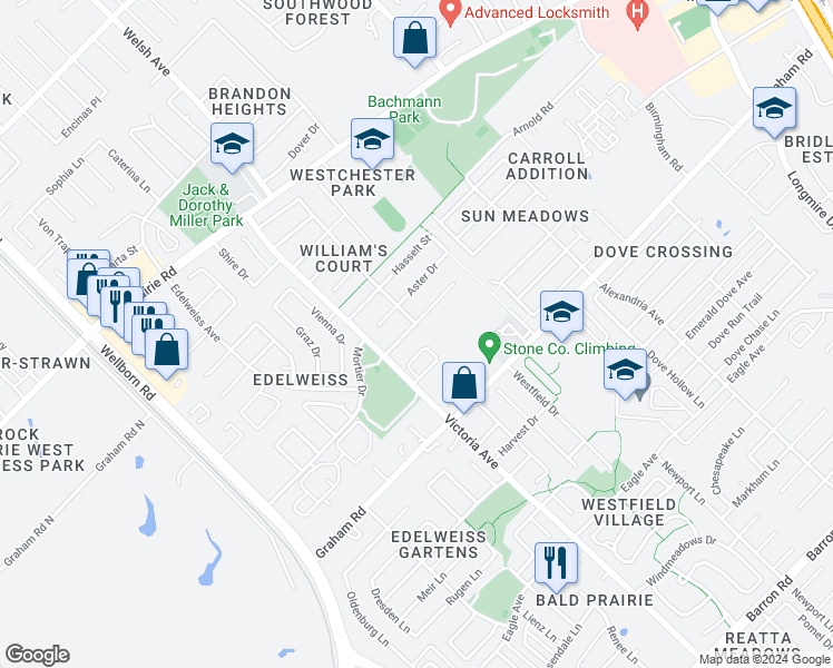 map of restaurants, bars, coffee shops, grocery stores, and more near 610 Brussels Drive in College Station