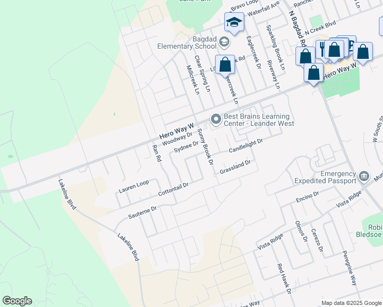 map of restaurants, bars, coffee shops, grocery stores, and more near 2010 Sydnee Drive in Leander