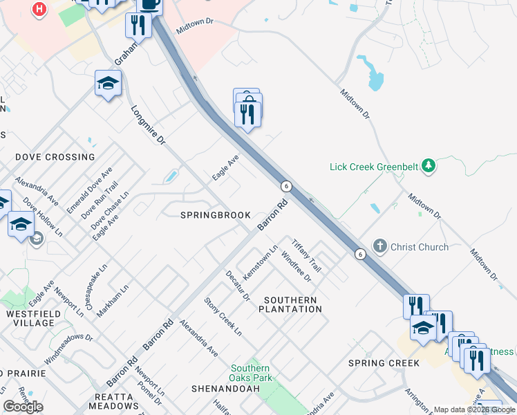 map of restaurants, bars, coffee shops, grocery stores, and more near 1807 Springbrook Estates Drive in College Station