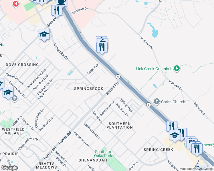 map of restaurants, bars, coffee shops, grocery stores, and more near 1807 Springbrook Estates Drive in College Station