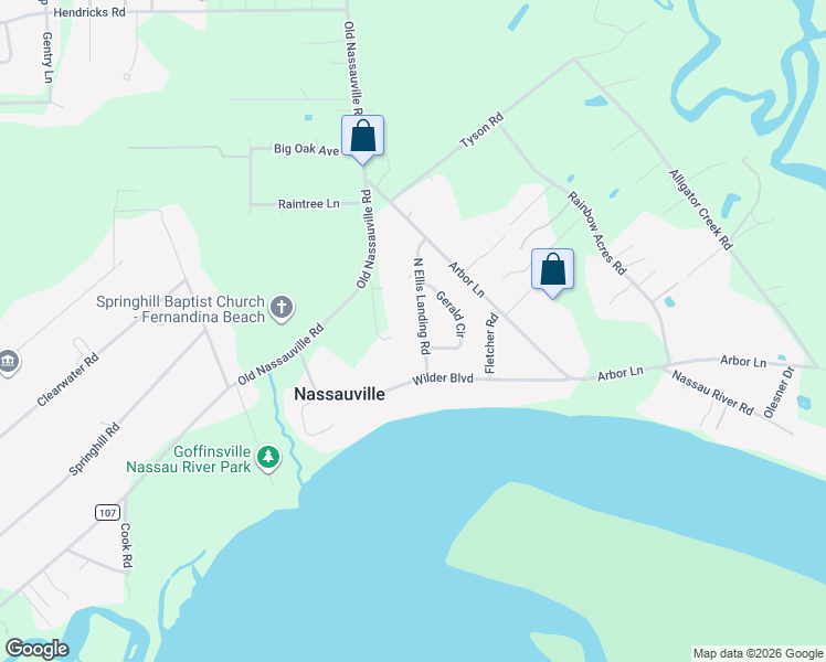 map of restaurants, bars, coffee shops, grocery stores, and more near 95040 Denise Street in Fernandina Beach