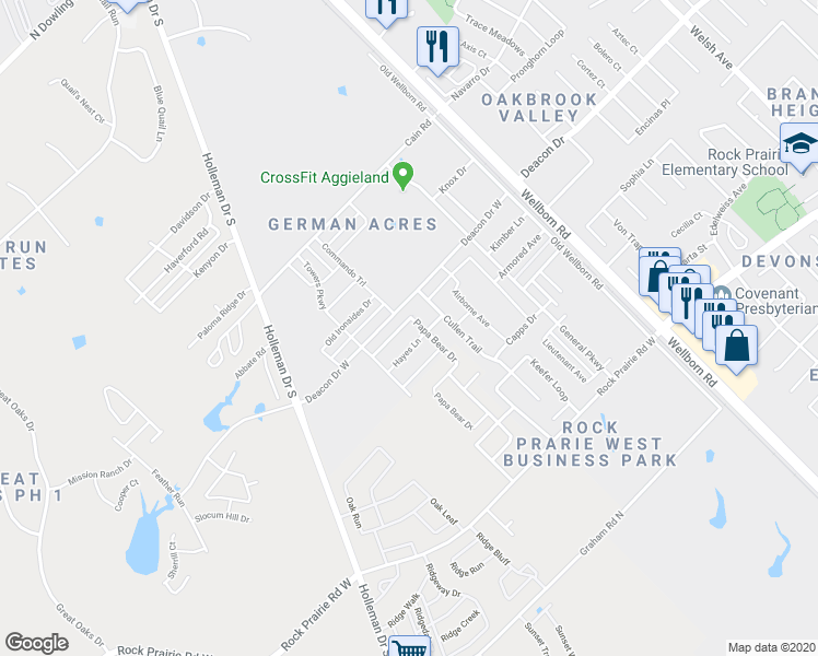 map of restaurants, bars, coffee shops, grocery stores, and more near 3018 Papa Bear Drive in College Station