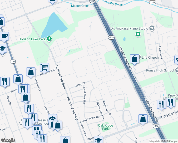 map of restaurants, bars, coffee shops, grocery stores, and more near 806 Overlook Bend in Leander