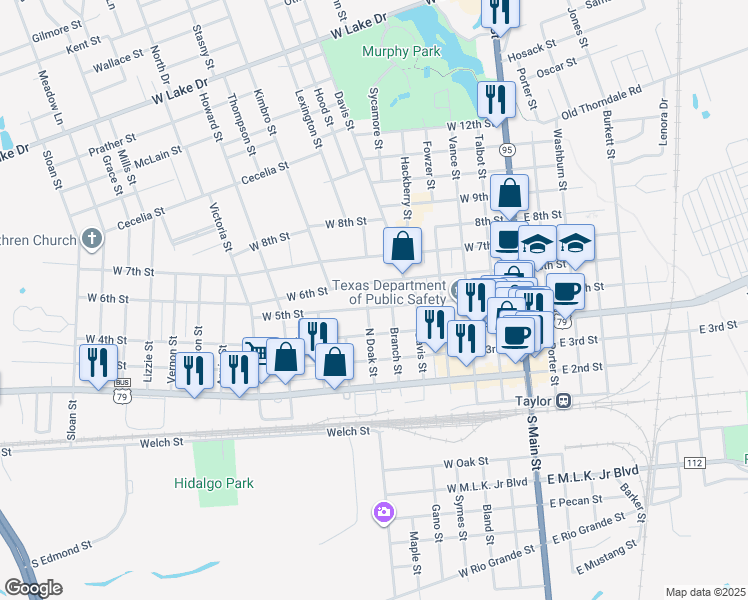 map of restaurants, bars, coffee shops, grocery stores, and more near 616 West 5th Street in Taylor