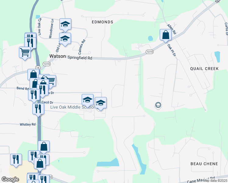 map of restaurants, bars, coffee shops, grocery stores, and more near 34361 Gravesbriar Drive in Denham Springs