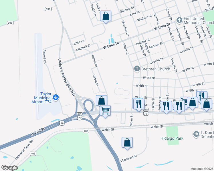 map of restaurants, bars, coffee shops, grocery stores, and more near 602 Debus Dr in Taylor