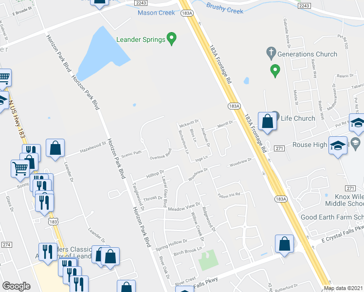 map of restaurants, bars, coffee shops, grocery stores, and more near 845 Richardson Lane in Leander