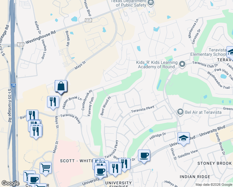 map of restaurants, bars, coffee shops, grocery stores, and more near 812 Bent Wood Place in Round Rock