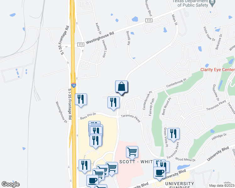 map of restaurants, bars, coffee shops, grocery stores, and more near 5000 North Mays Street in Round Rock