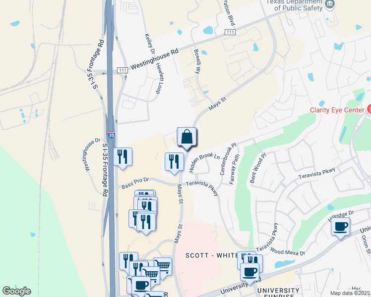 map of restaurants, bars, coffee shops, grocery stores, and more near 5000 North Mays Street in Round Rock