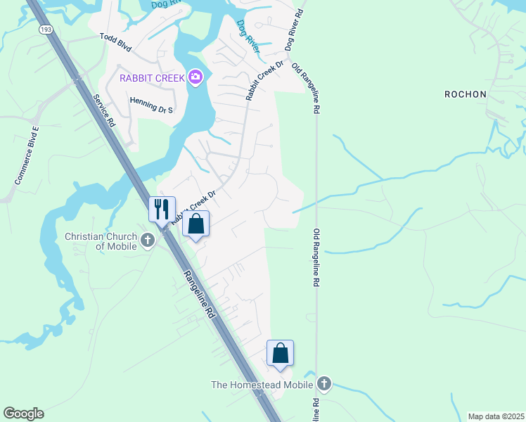 map of restaurants, bars, coffee shops, grocery stores, and more near 5625 Riverwood Circle South in Theodore