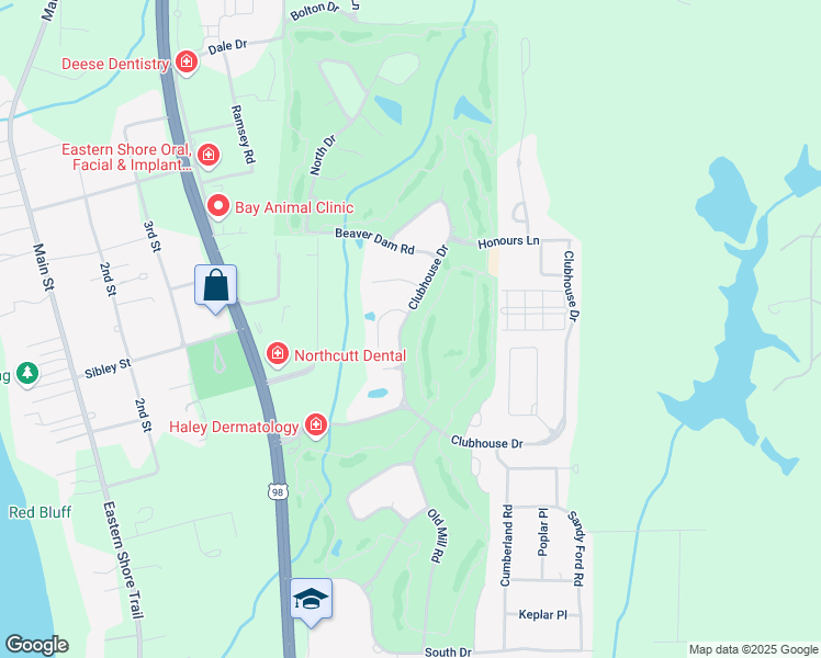 map of restaurants, bars, coffee shops, grocery stores, and more near 118 Clubhouse Dr in Fairhope