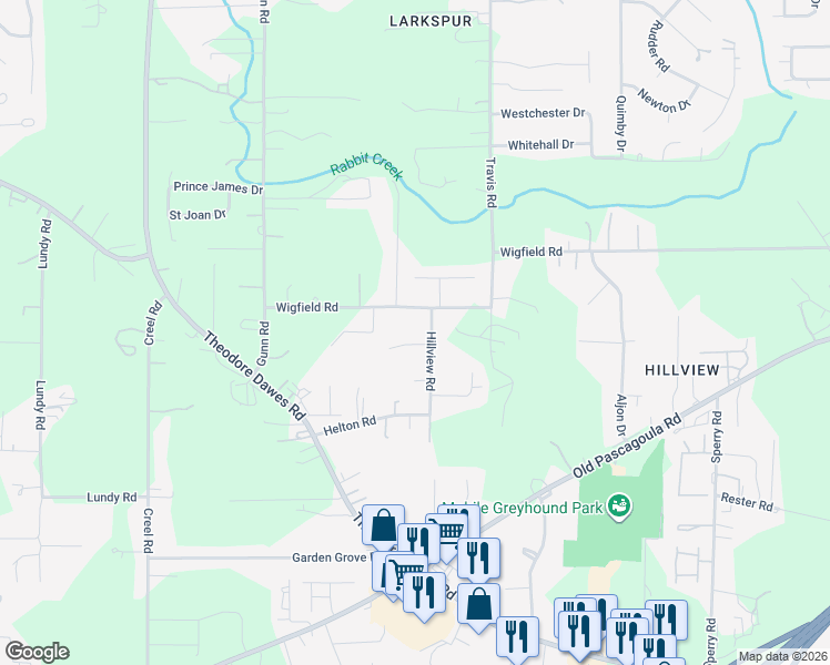 map of restaurants, bars, coffee shops, grocery stores, and more near 7376 Wigfield Court in Mobile