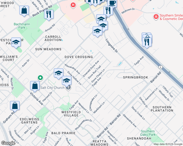 map of restaurants, bars, coffee shops, grocery stores, and more near 915 Dove Run Trail in College Station