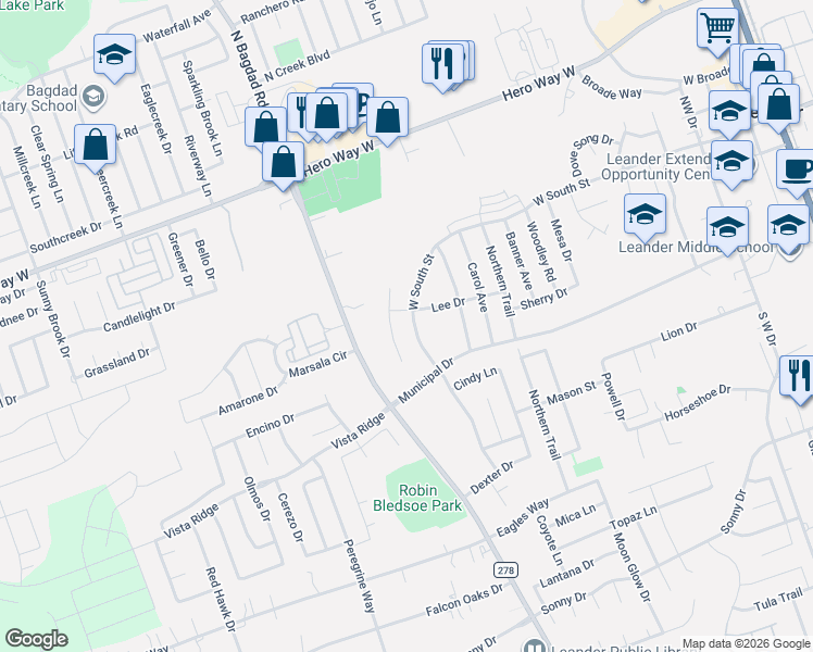 map of restaurants, bars, coffee shops, grocery stores, and more near 1005 West South Street in Leander