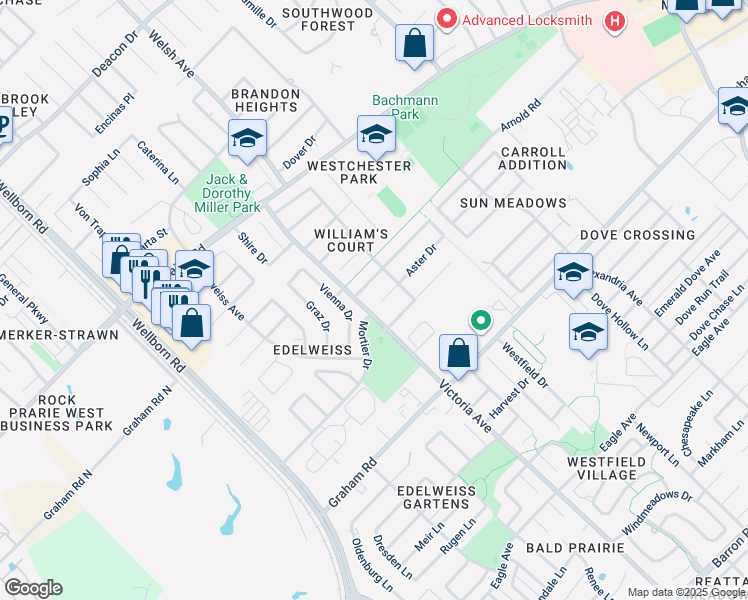 map of restaurants, bars, coffee shops, grocery stores, and more near 601 Aster Drive in College Station