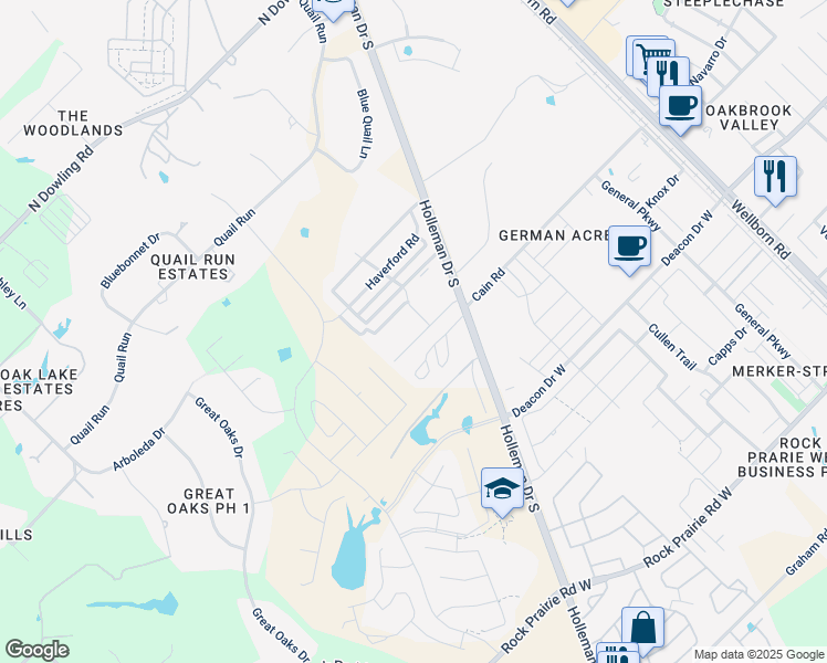 map of restaurants, bars, coffee shops, grocery stores, and more near 3534 Paloma Ridge Drive in College Station