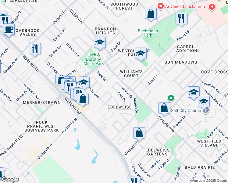 map of restaurants, bars, coffee shops, grocery stores, and more near 3520 Graz Drive in College Station