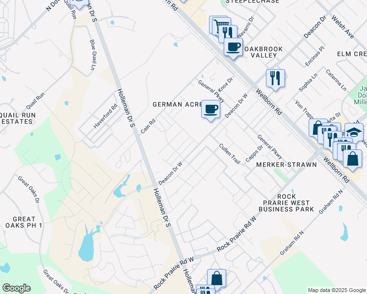 map of restaurants, bars, coffee shops, grocery stores, and more near 3007 Old Ironsides Drive in College Station
