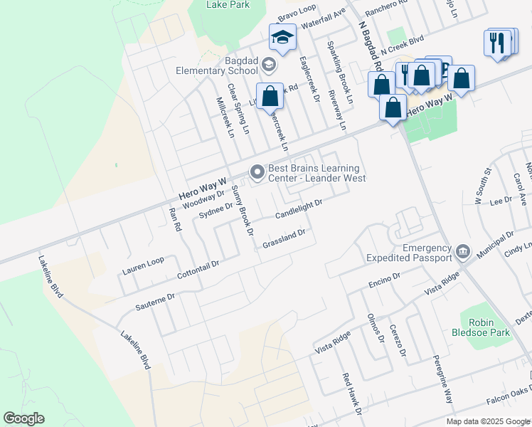 map of restaurants, bars, coffee shops, grocery stores, and more near 300 Edgewood Cove in Leander