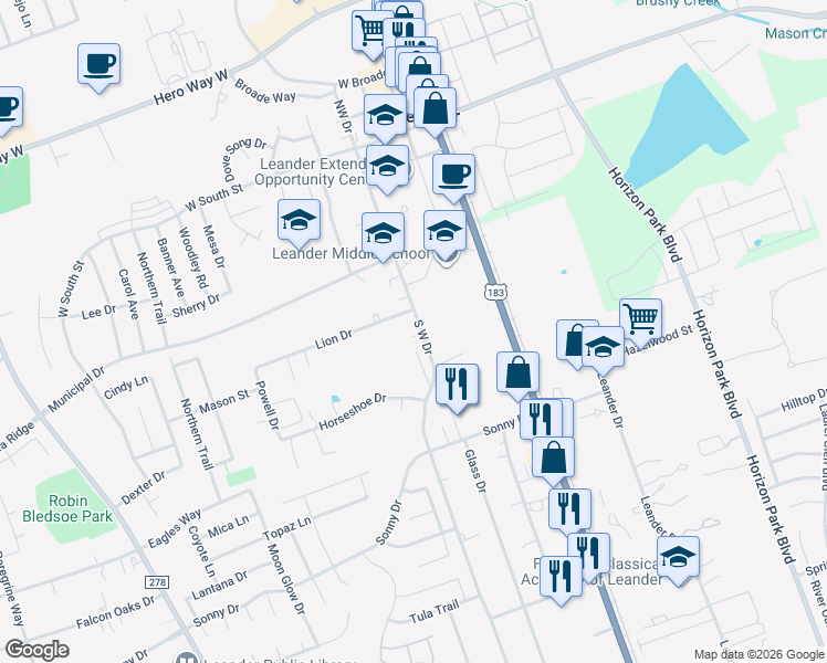 map of restaurants, bars, coffee shops, grocery stores, and more near 505 South West Drive in Leander