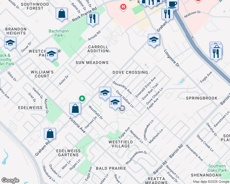 map of restaurants, bars, coffee shops, grocery stores, and more near 3718 Dove Hollow Lane in College Station