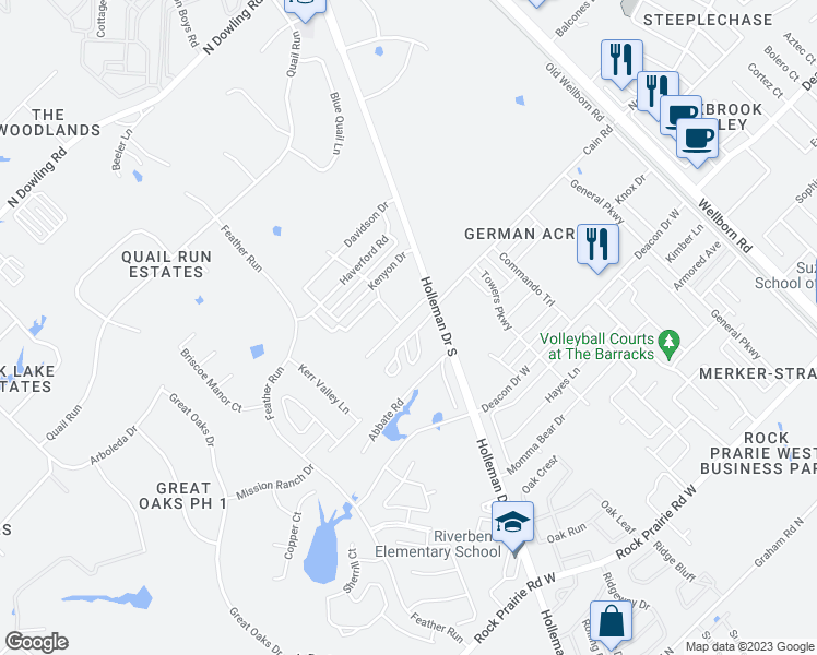map of restaurants, bars, coffee shops, grocery stores, and more near 3521 Paloma Ridge Drive in College Station