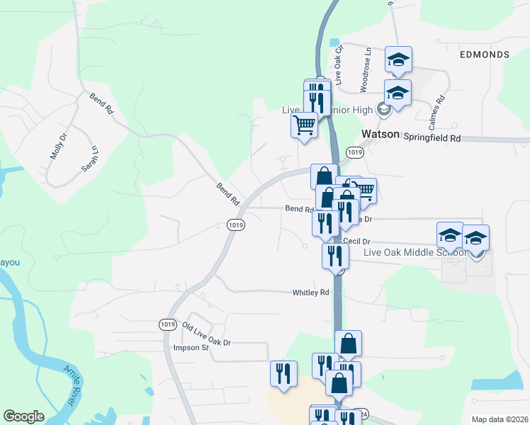 map of restaurants, bars, coffee shops, grocery stores, and more near 7777 Bend Road Extension in Denham Springs