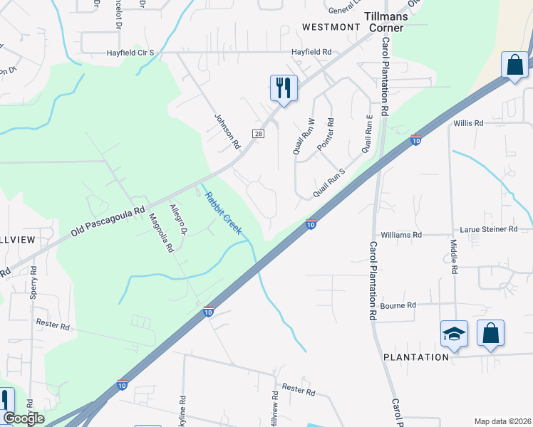 map of restaurants, bars, coffee shops, grocery stores, and more near 5743 Woodchase Circle West in Theodore
