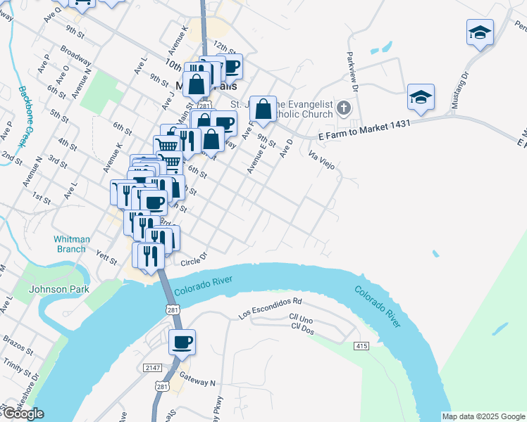 map of restaurants, bars, coffee shops, grocery stores, and more near 509 Crestview Drive in Marble Falls