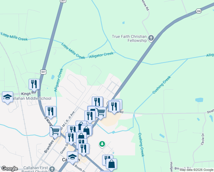map of restaurants, bars, coffee shops, grocery stores, and more near 45091 Luther Street in Callahan