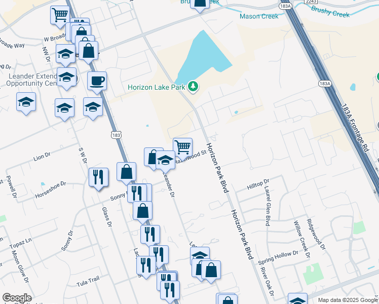 map of restaurants, bars, coffee shops, grocery stores, and more near 405 Hazelwood Street in Leander