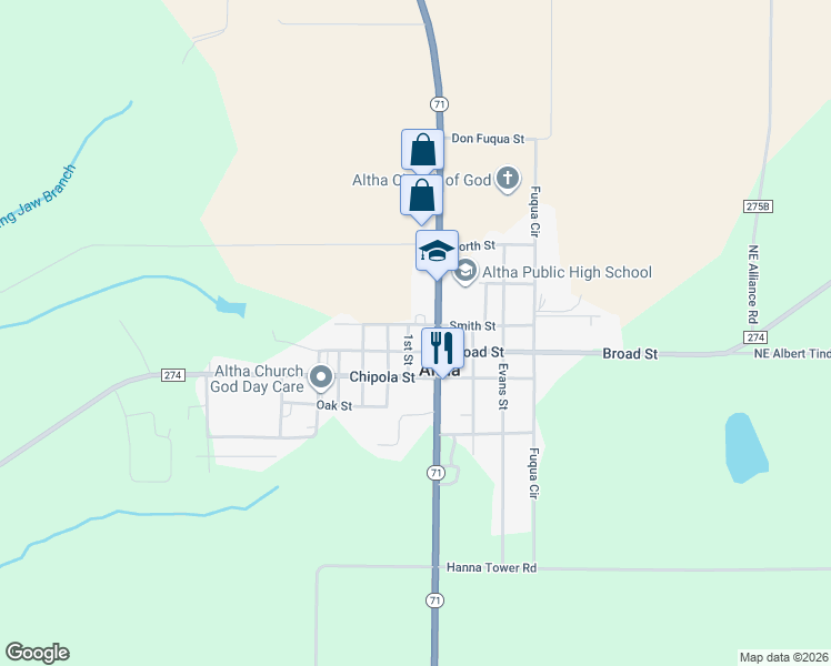 map of restaurants, bars, coffee shops, grocery stores, and more near 15711 Smith Street in Altha