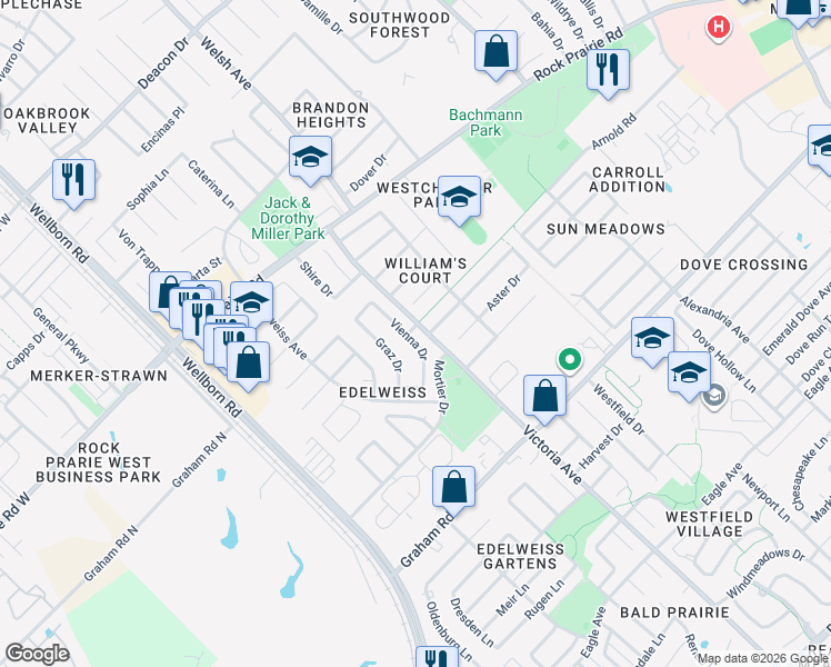 map of restaurants, bars, coffee shops, grocery stores, and more near 3601 Vienna Drive in College Station